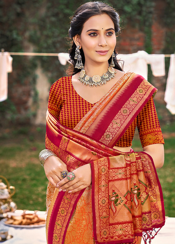 Orange Spun Silk Saree With Blouse Piece