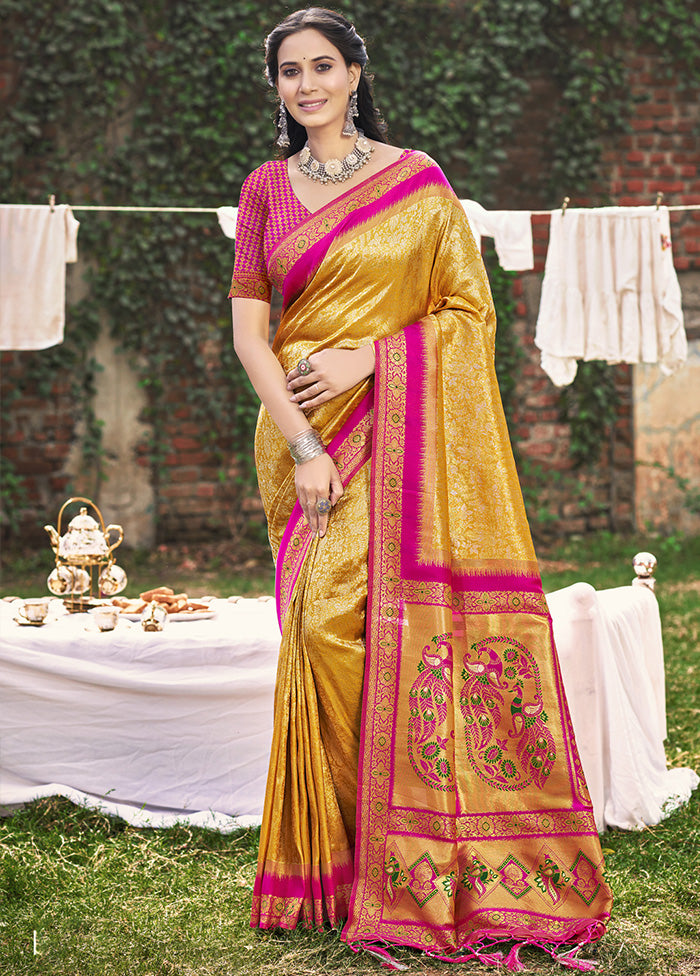 Mustard Spun Silk Saree With Blouse Piece