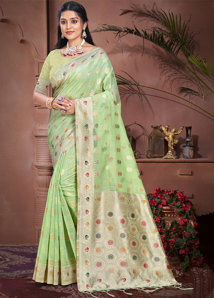 Pista Green Cotton Saree With Blouse Piece