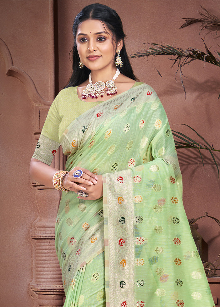 Pista Green Cotton Saree With Blouse Piece