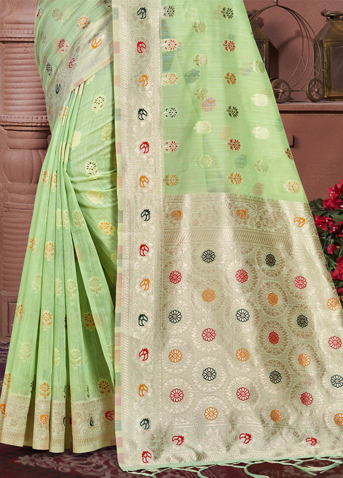 Pista Green Cotton Saree With Blouse Piece