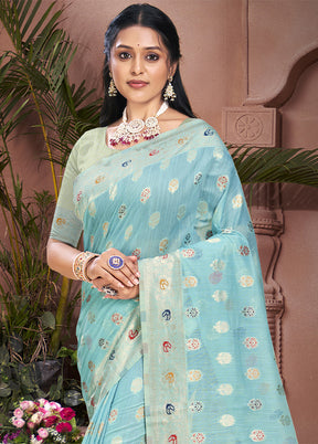 Sky Blue Cotton Saree With Blouse Piece