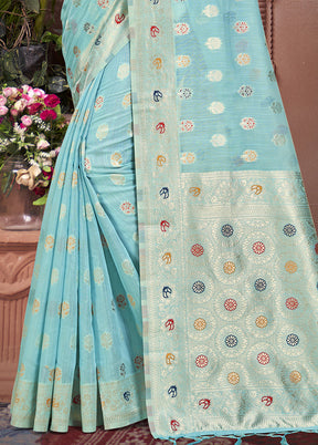 Sky Blue Cotton Saree With Blouse Piece