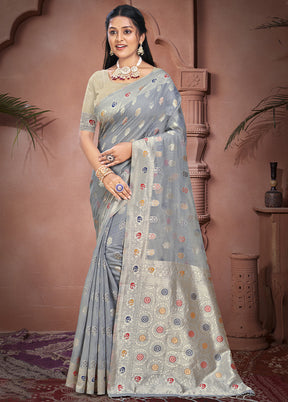 Grey Cotton Saree With Blouse Piece