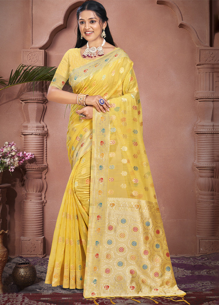 Yellow Cotton Saree With Blouse Piece