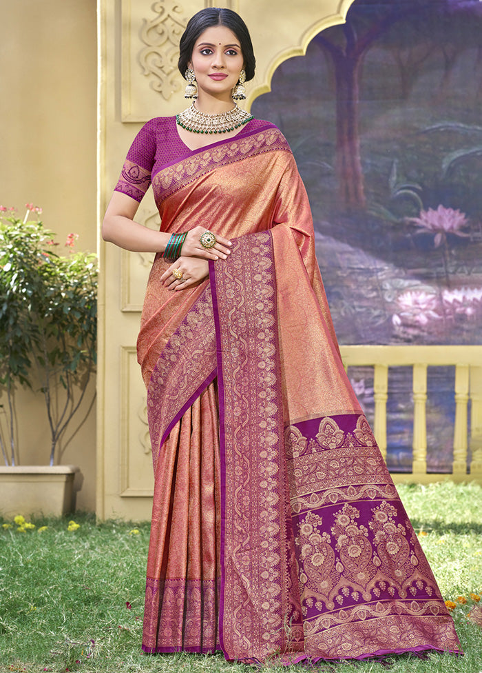 Peach Spun Silk Saree With Blouse Piece