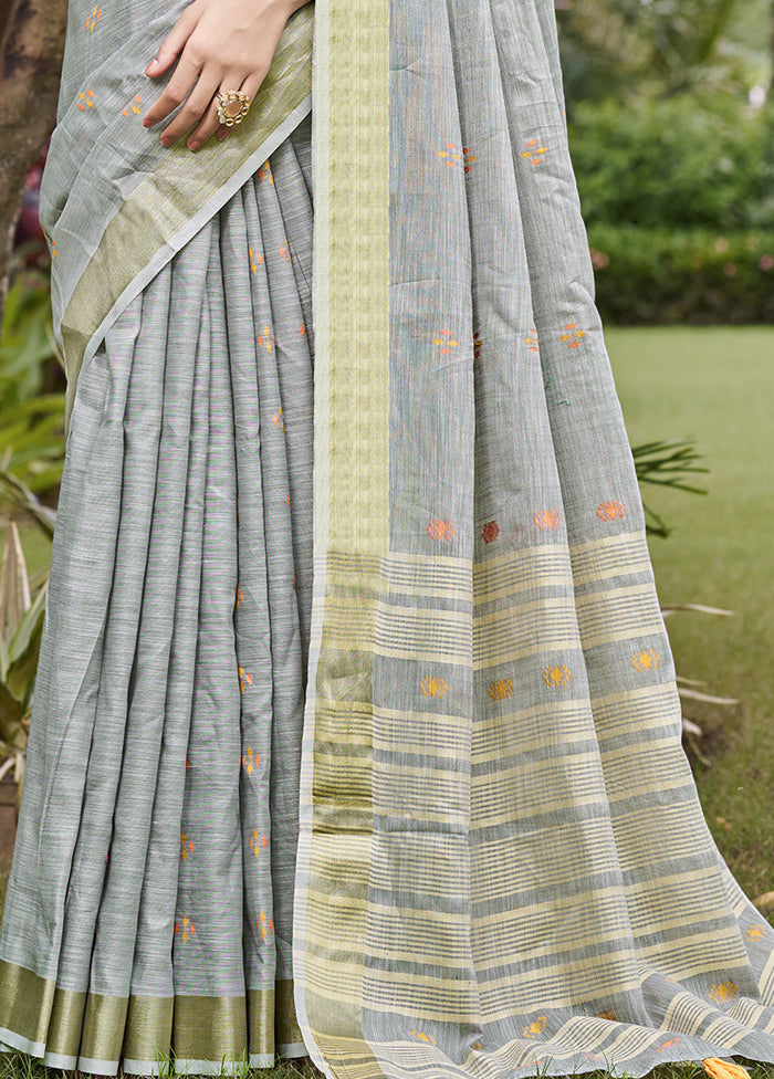 Grey Cotton Saree With Blouse Piece