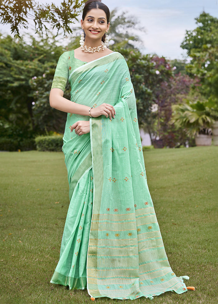 Turquoise Cotton Saree With Blouse Piece