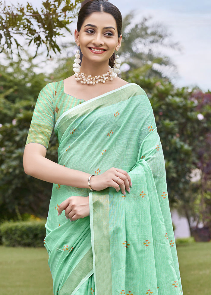 Turquoise Cotton Saree With Blouse Piece