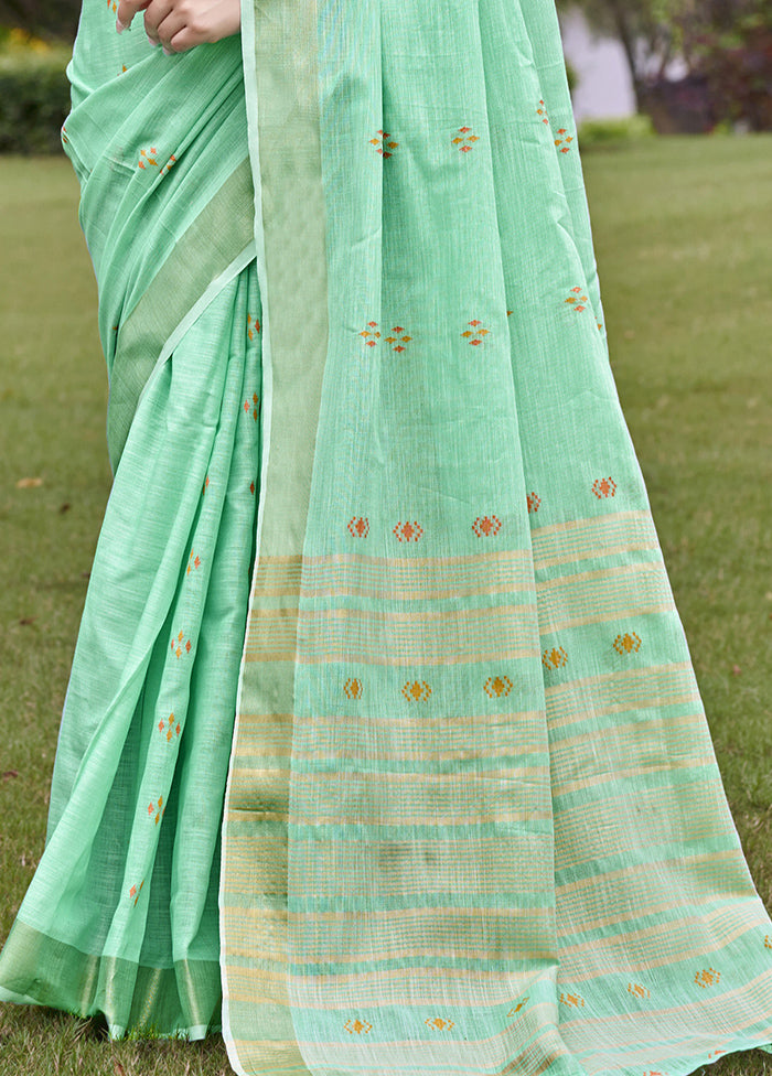 Turquoise Cotton Saree With Blouse Piece