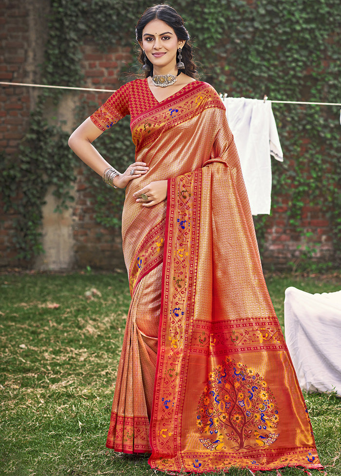 Peach Spun Silk Saree With Blouse Piece