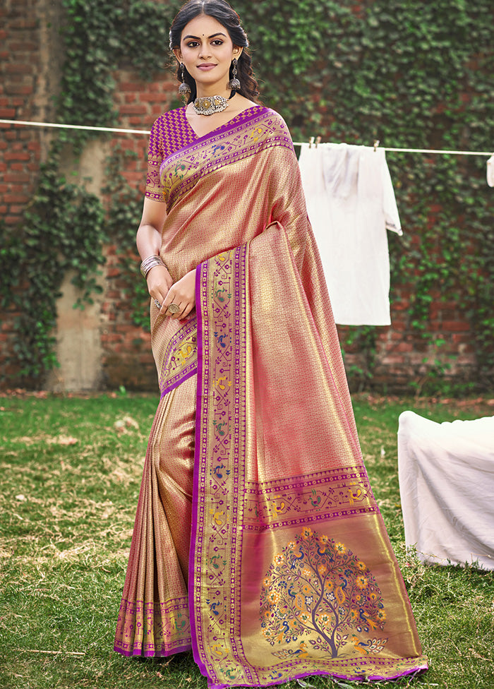 Peach Spun Silk Saree With Blouse Piece