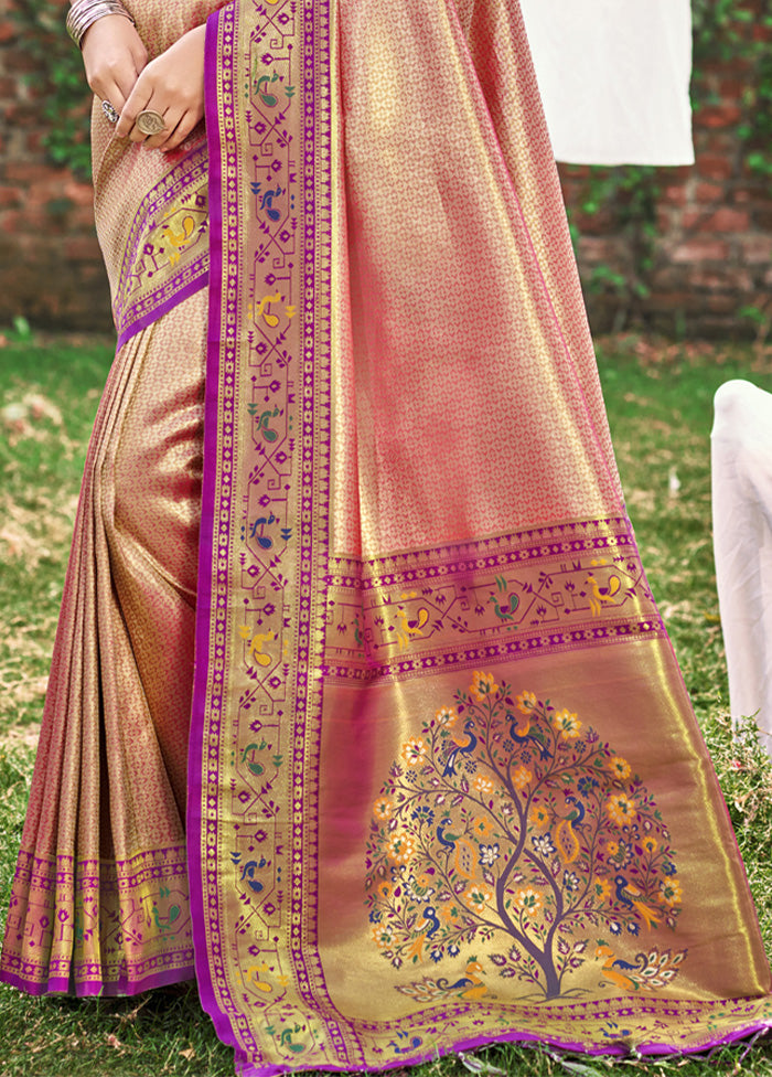 Peach Spun Silk Saree With Blouse Piece