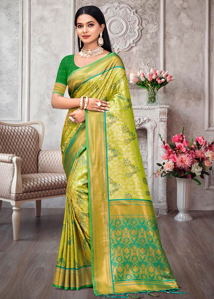 Parrot Green Dupion Silk Saree With Blouse Piece - Indian Silk House Agencies