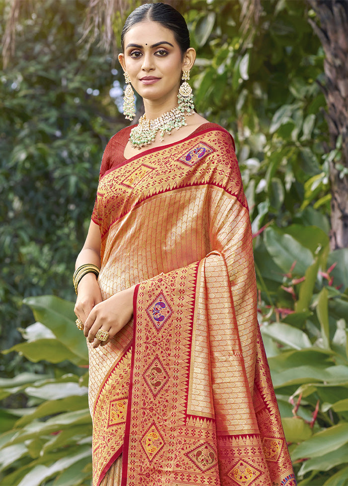 Peach Dupion Silk Saree With Blouse Piece