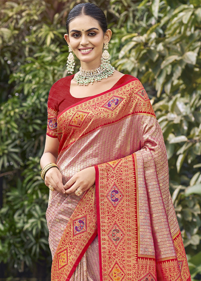 Red Dupion Silk Saree With Blouse Piece