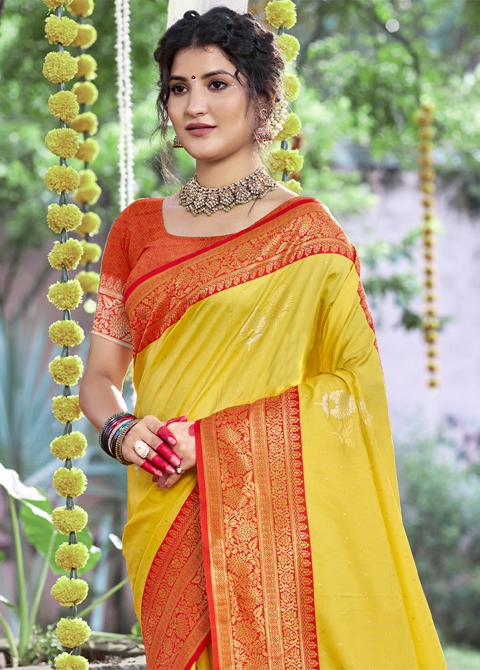 Yellow Dupion Silk Saree With Blouse Piece