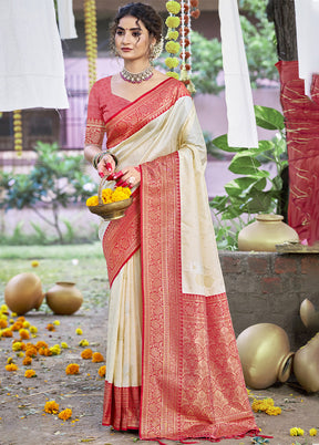 Cream Dupion Silk Saree With Blouse Piece