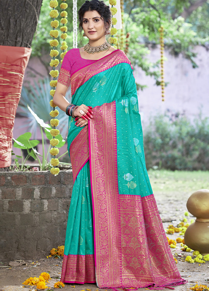 Teal Blue Dupion Silk Saree With Blouse Piece