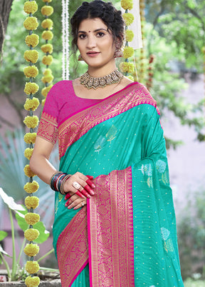 Teal Blue Dupion Silk Saree With Blouse Piece