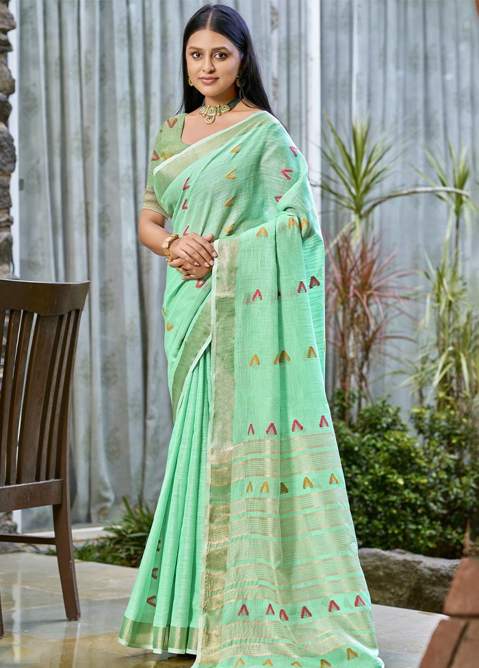 Turquoise Cotton Saree With Blouse Piece