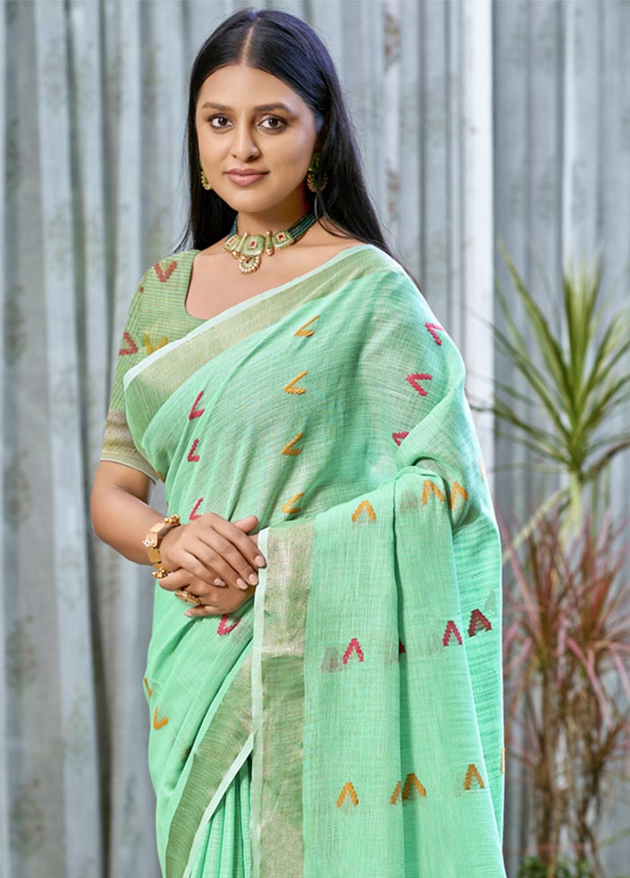 Turquoise Cotton Saree With Blouse Piece