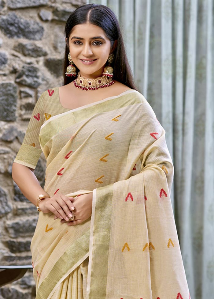 Beige Cotton Saree With Blouse Piece