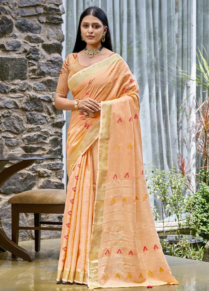 Peach Cotton Saree With Blouse Piece