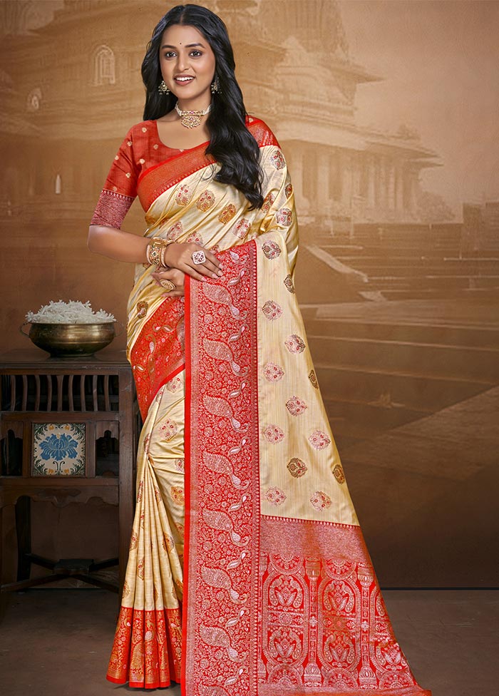 Beige Dupion Silk Saree With Blouse Piece