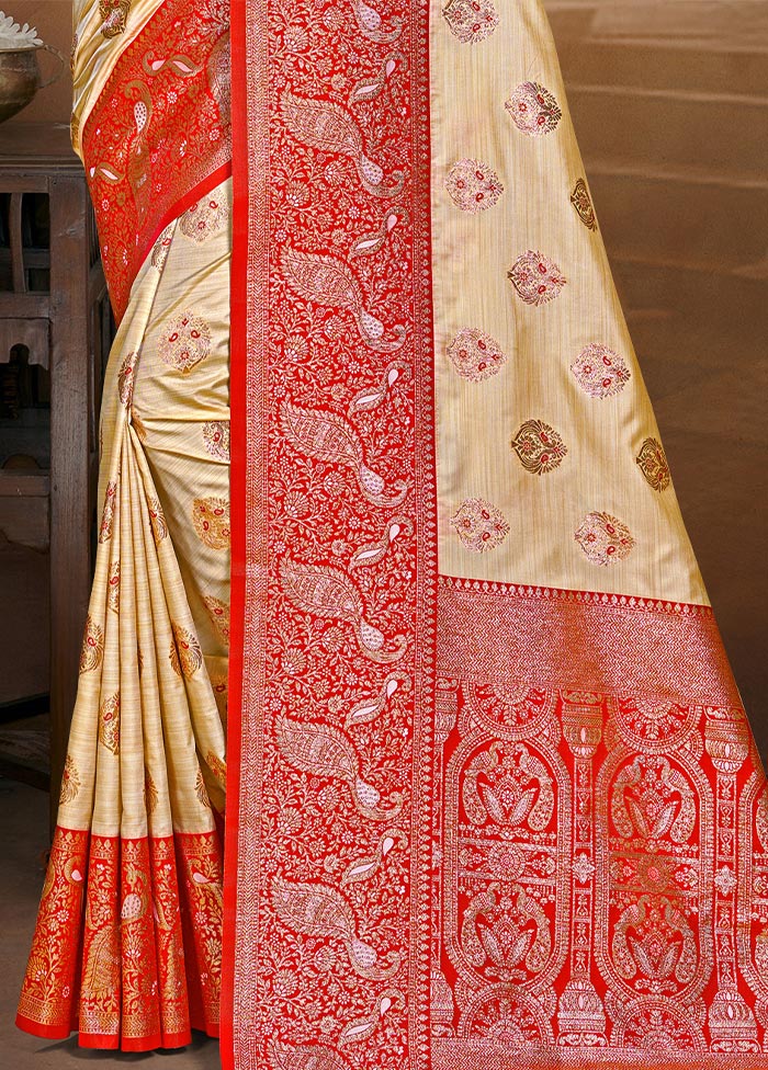 Beige Dupion Silk Saree With Blouse Piece