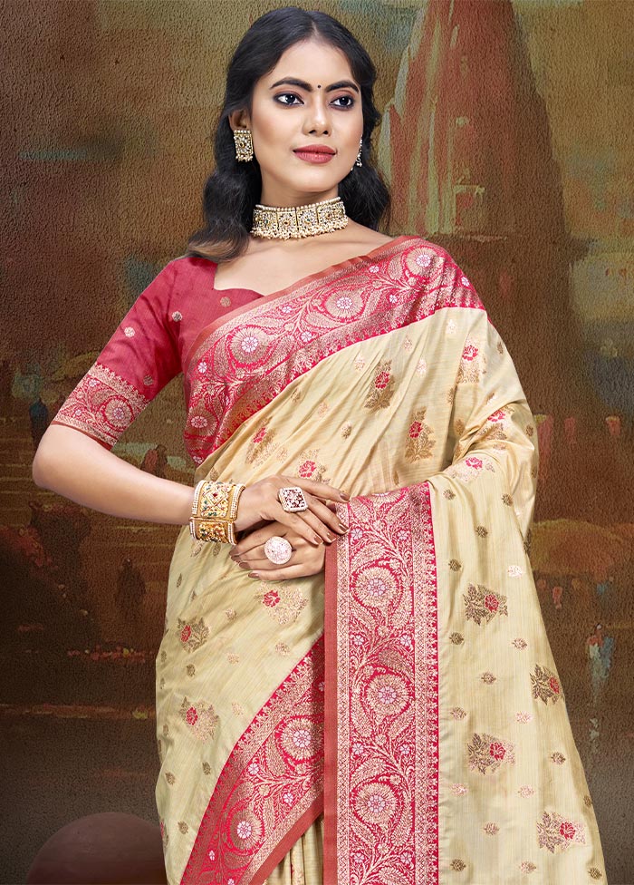 Beige Dupion Silk Saree With Blouse Piece