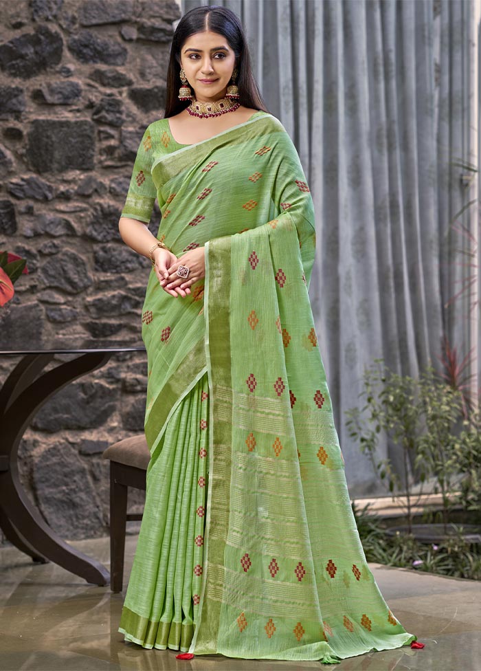 Green Linen Silk Saree With Blouse Piece