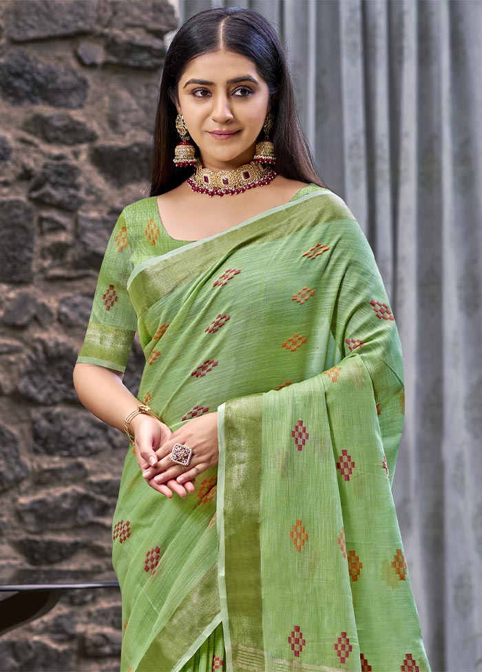 Green Linen Silk Saree With Blouse Piece