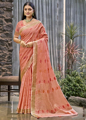 Peach Linen Silk Saree With Blouse Piece