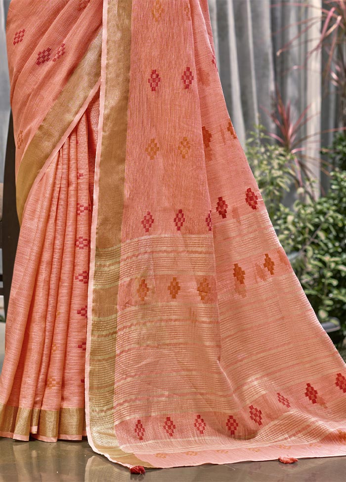 Peach Linen Silk Saree With Blouse Piece