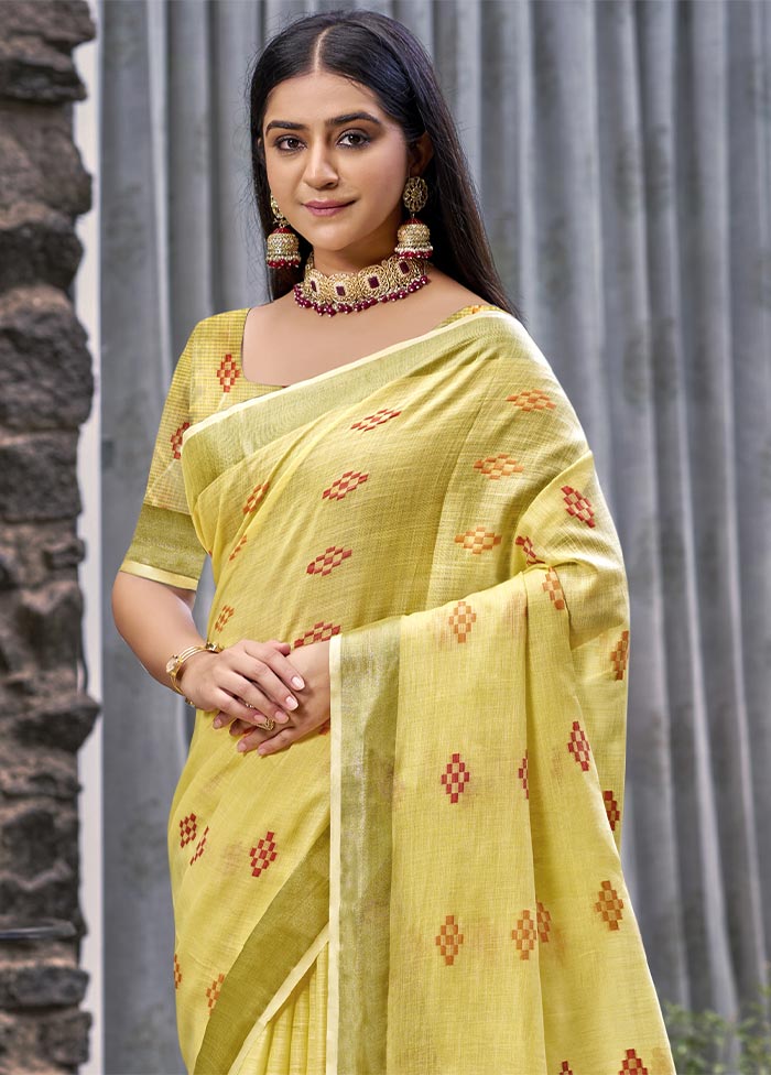 Yellow Linen Silk Saree With Blouse Piece