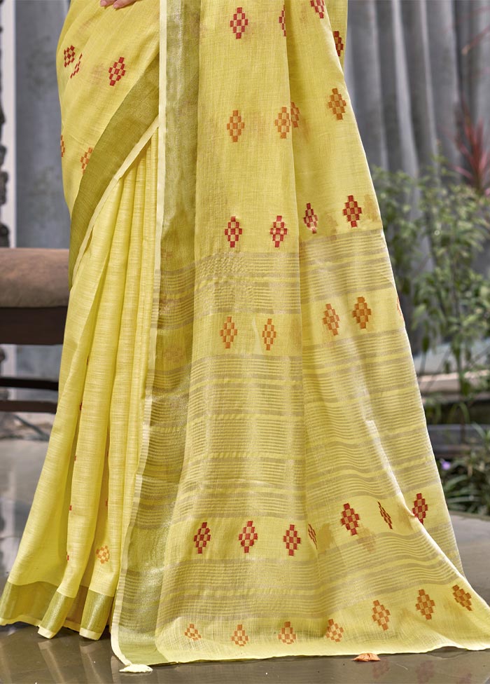 Yellow Linen Silk Saree With Blouse Piece