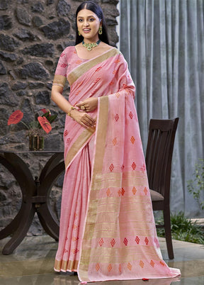 Pink Linen Silk Saree With Blouse Piece