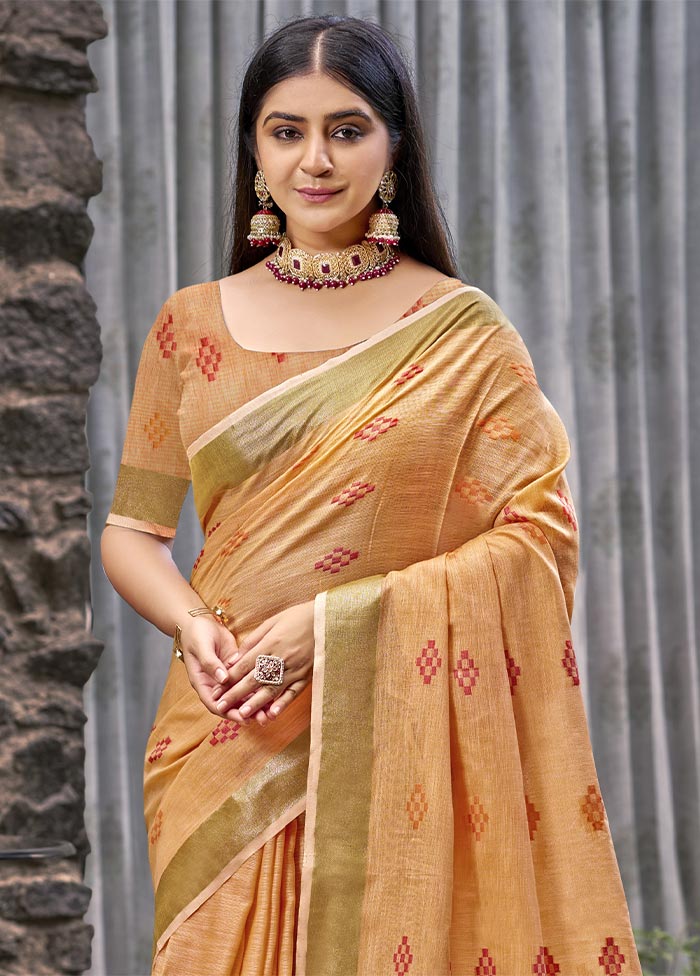 Orange Linen Silk Saree With Blouse Piece