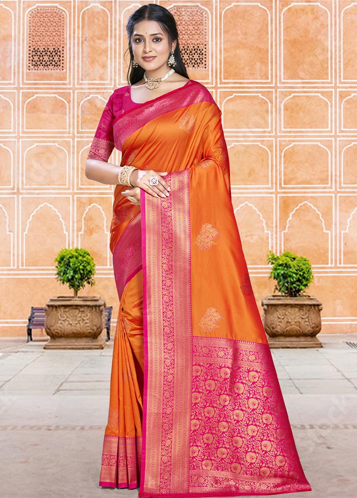 Orange Dupion Silk Saree With Blouse Piece