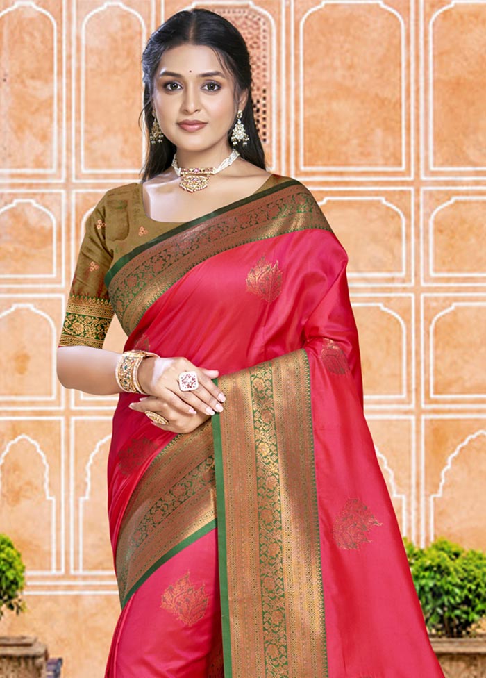 Dark Pink Dupion Silk Saree With Blouse Piece