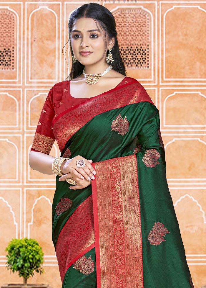 Dark Green Dupion Silk Saree With Blouse Piece