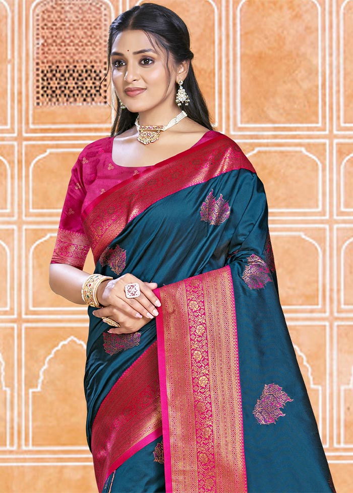 Blue Dupion Silk Saree With Blouse Piece