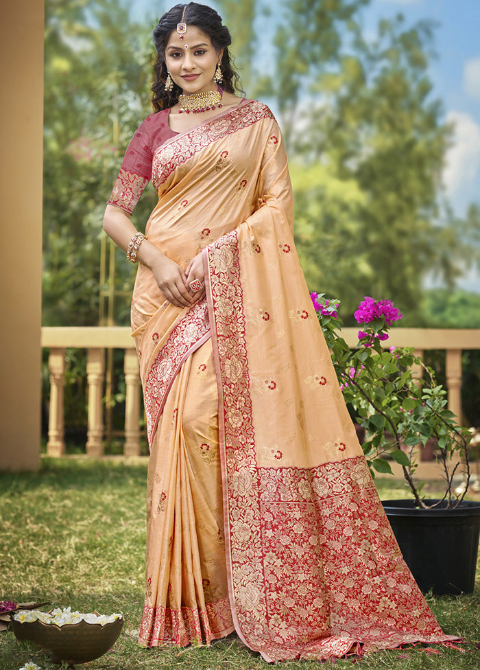 Peach Spun Silk Saree With Blouse Piece