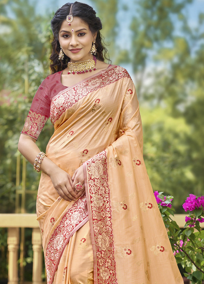 Peach Spun Silk Saree With Blouse Piece