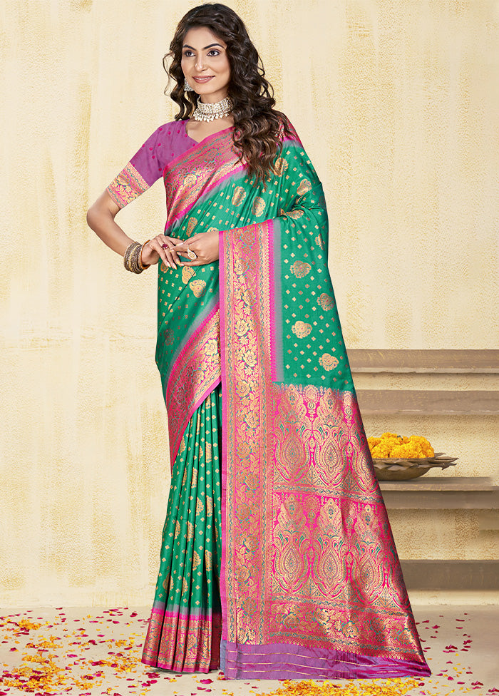 Teal Green Dupion Silk Saree With Blouse Piece