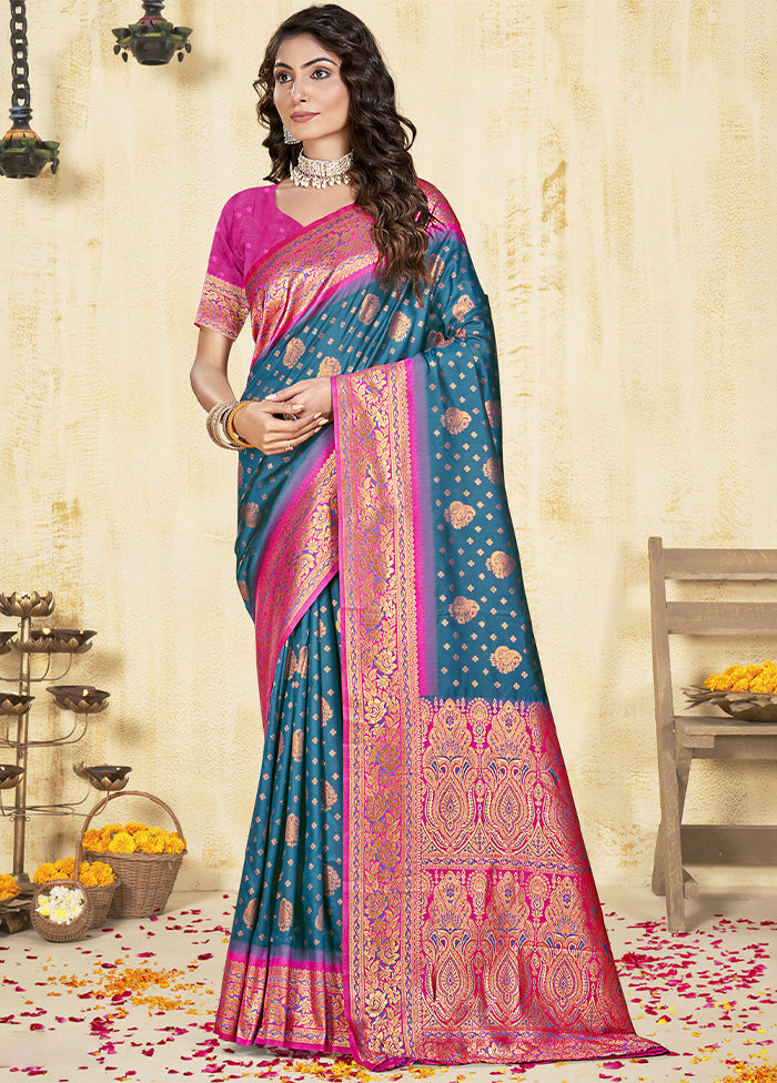 Blue Dupion Silk Saree With Blouse Piece