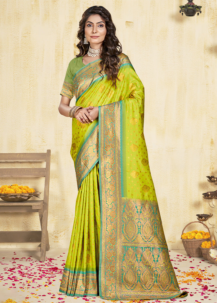 Parrot Green Dupion Silk Saree With Blouse Piece