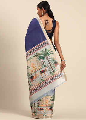 Blue Cotton Saree With Blouse Piece