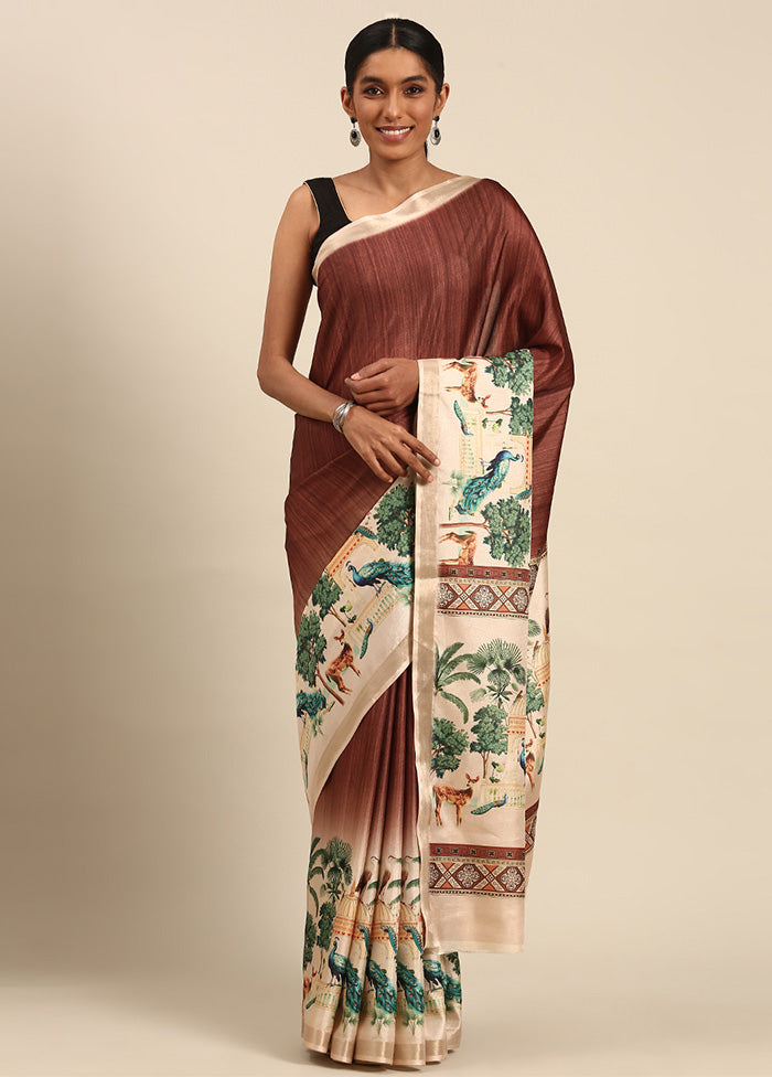 Dark Brown Cotton Saree With Blouse Piece